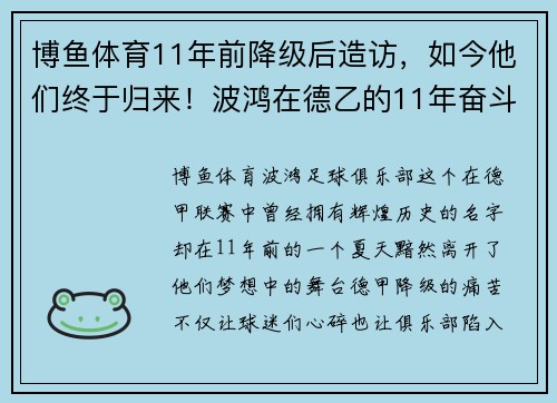 博鱼体育11年前降级后造访，如今他们终于归来！波鸿在德乙的11年奋斗史